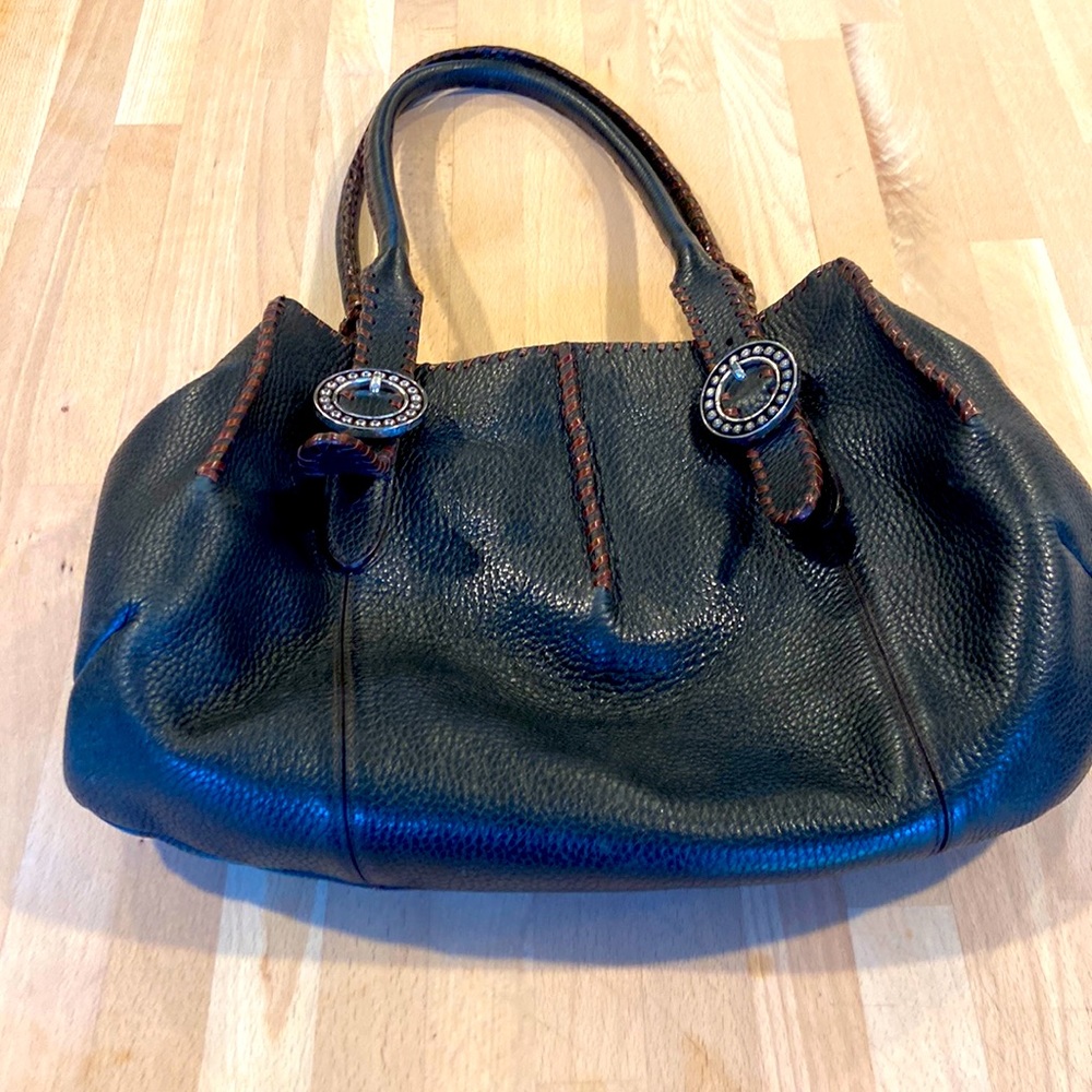 BRIGHTON Rayann Dark Brown Pebble Leather Braided Handles Whipstitch Satchel